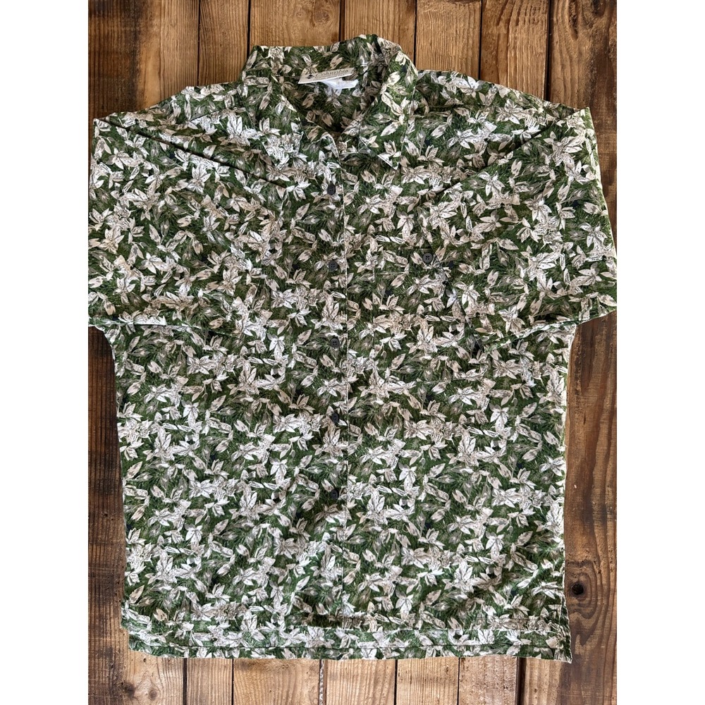 Columbia Mens Short Sleeve Button Down Shirt Green White Floral Leaf Print L